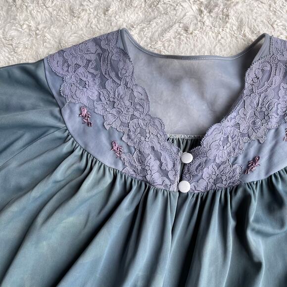 Vintage 60s lace trimmed bed jacket tie dye dyed teal blue cropped layering M - Picture 6 of 17